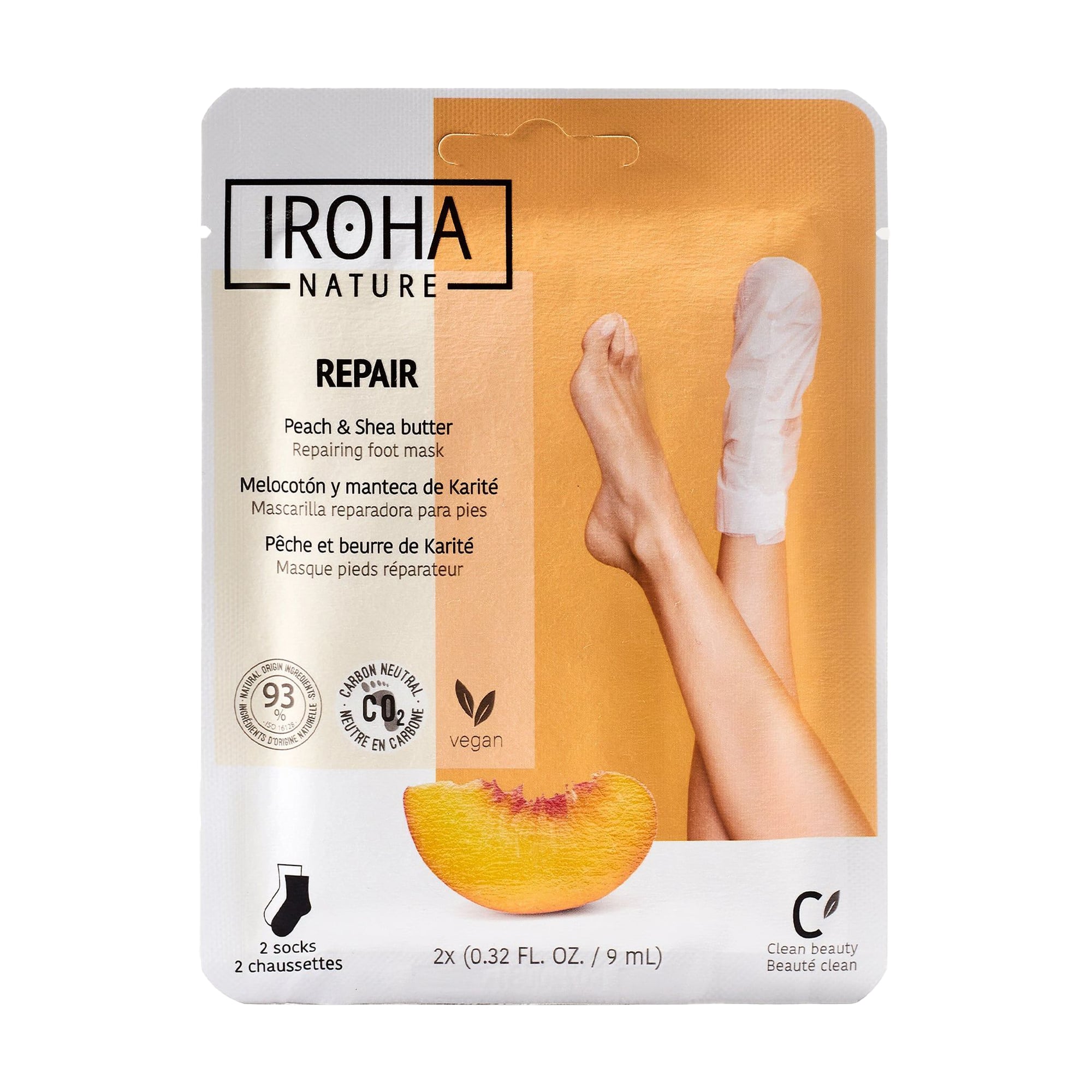 Відновлювальна маска-шкарпетки для ніг Iroha Nature Repair Peach &amp; Shea Butter Repairing Foot Mask з персиком та олією ши, 2*9 мл